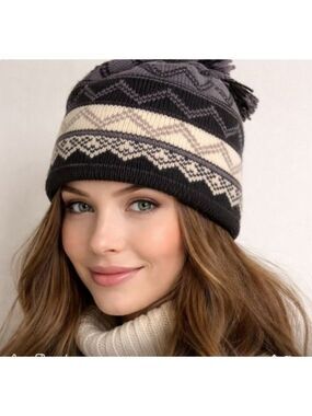 Knit Wool Pom Beanie Hat With Nordic Pattern - Black Gray & Cream - Made In Cana